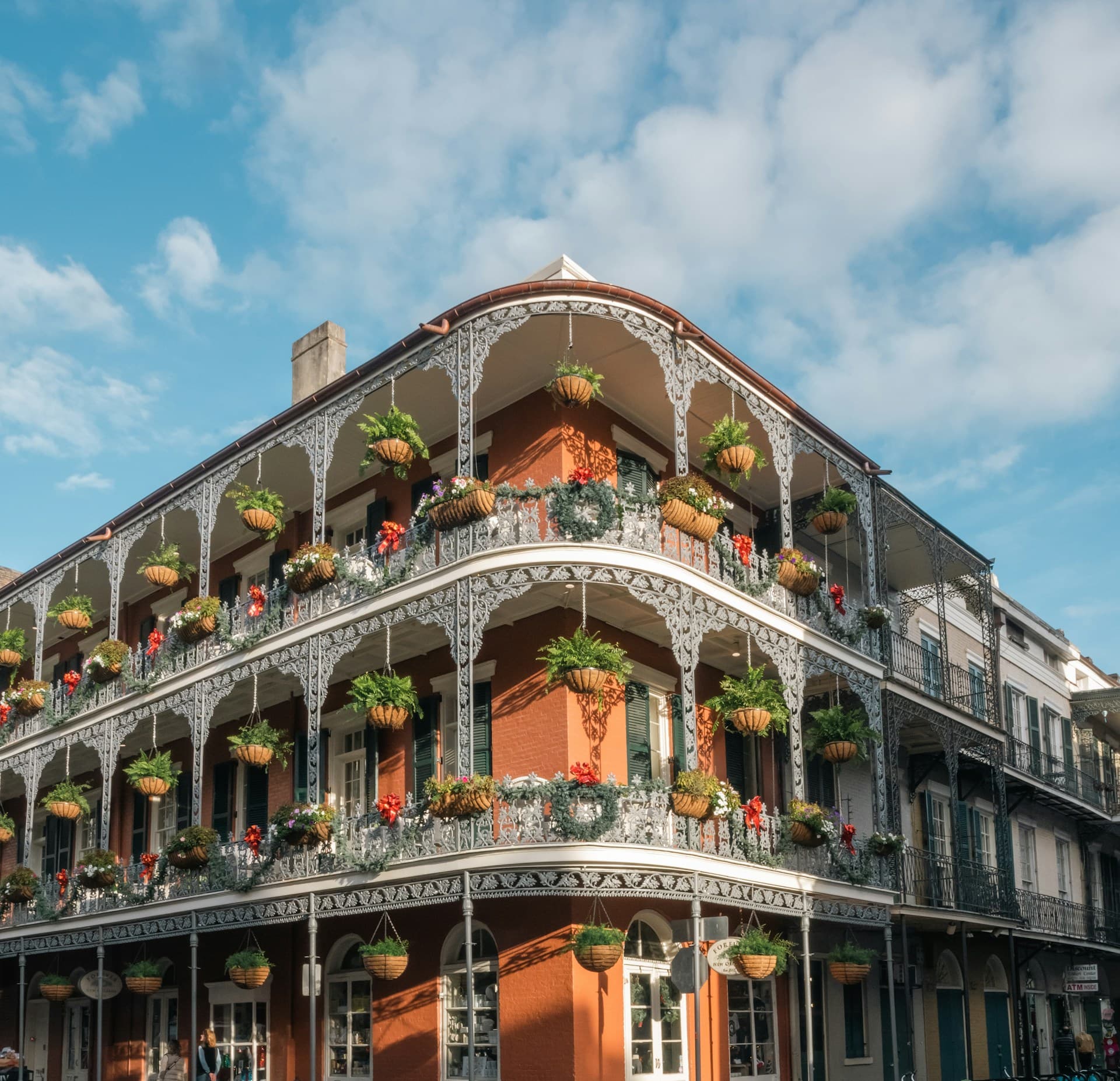 Wrought-iron balconies on a French Quarter building