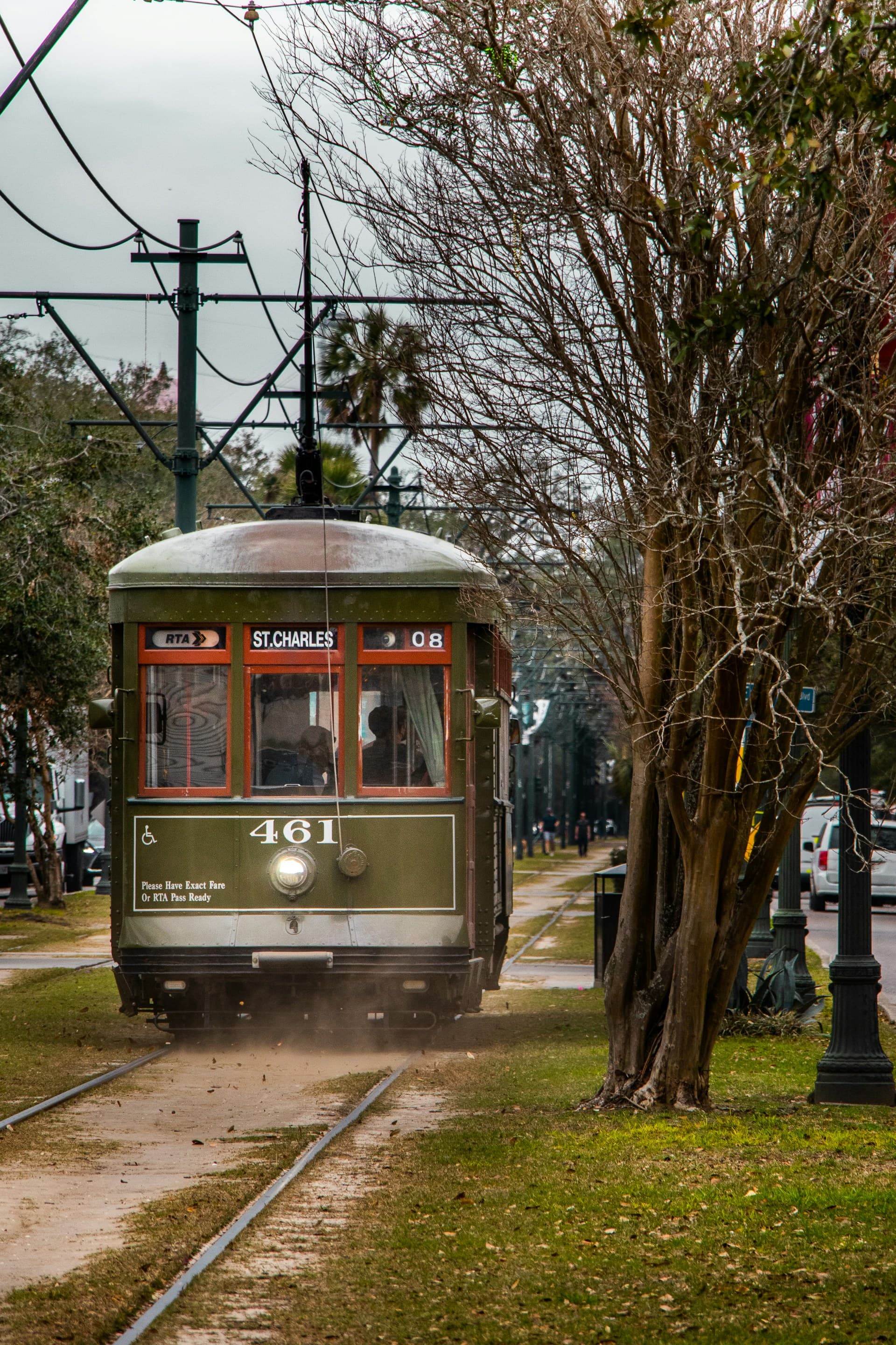 The St. Charles Avenue streetcar running beneath live oaks